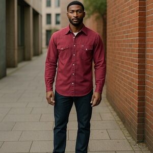 Wrangler Men’s Western Shirt Size Medium Dark Maroon Pearl Snaps Yoke Denim Jean